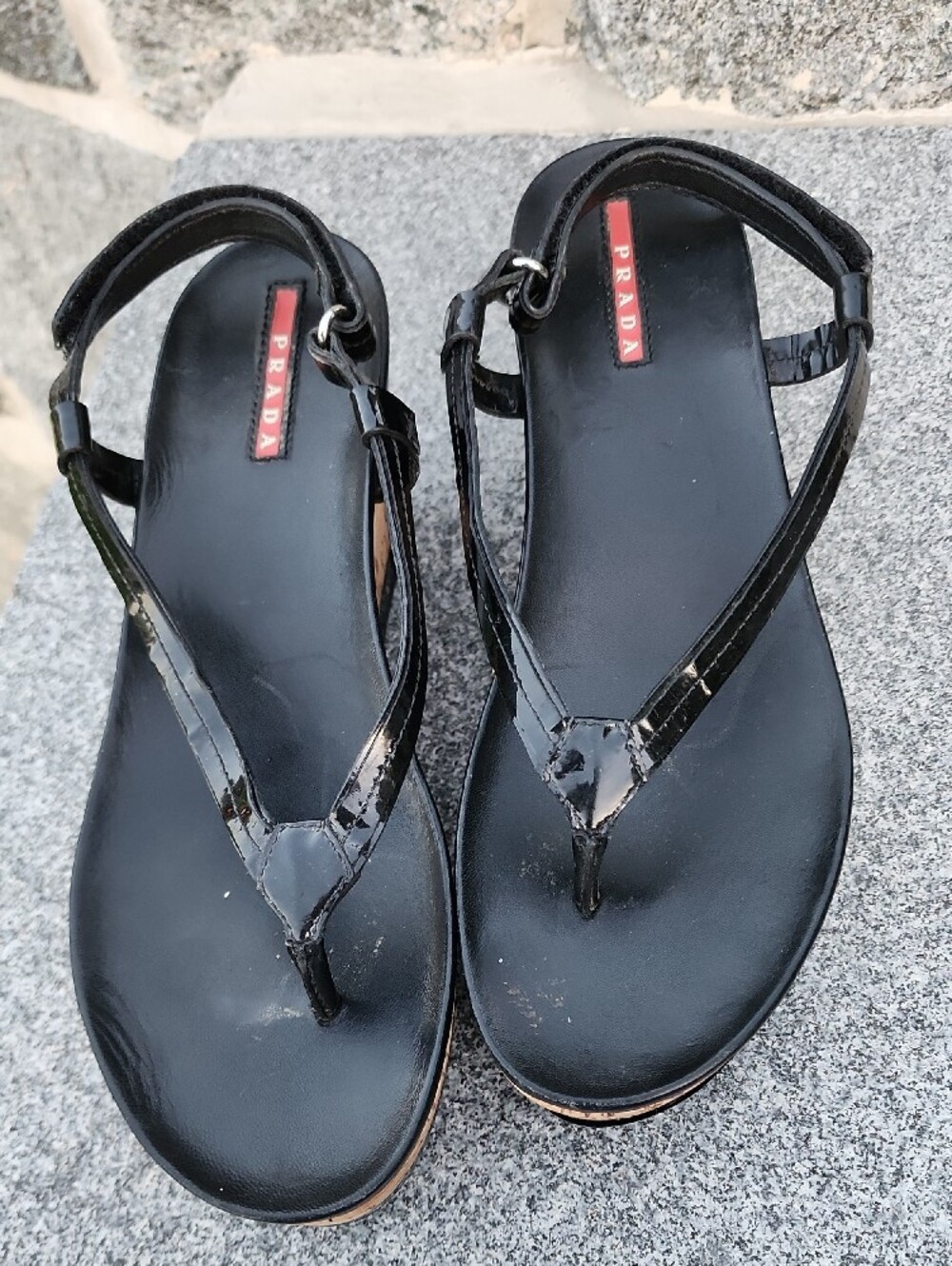 Prada Black Patent Leather Cork Wedge Thong Sandals - Picture 2 of 15